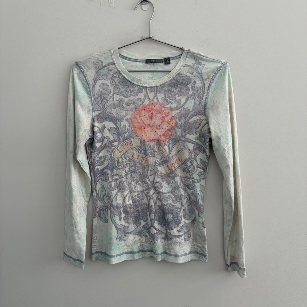 Apt 9 Womens Long Sleeve Graphic Tee Rose Live Life Love Blue Green Small